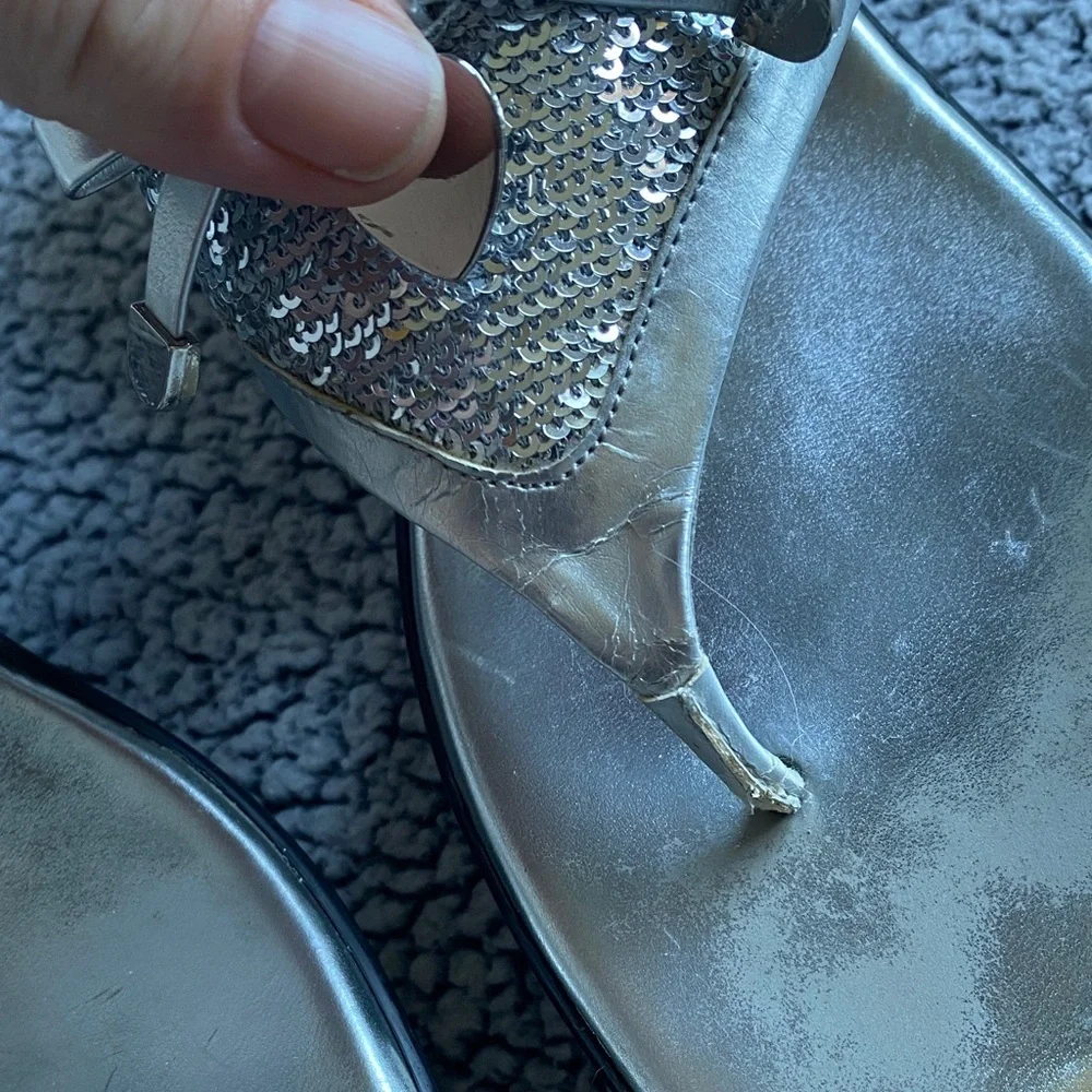 Guess Metallic Silver Sequin Wedge Sandals with Heart Charm